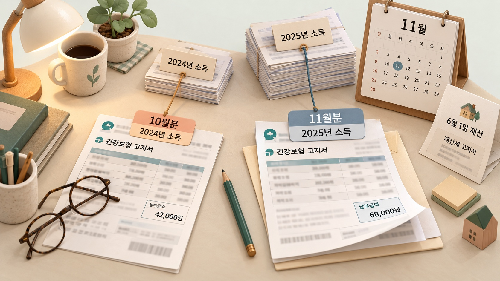 10월분과 11월분 고지서가 서로 다른 해 소득을 가리키는 책상