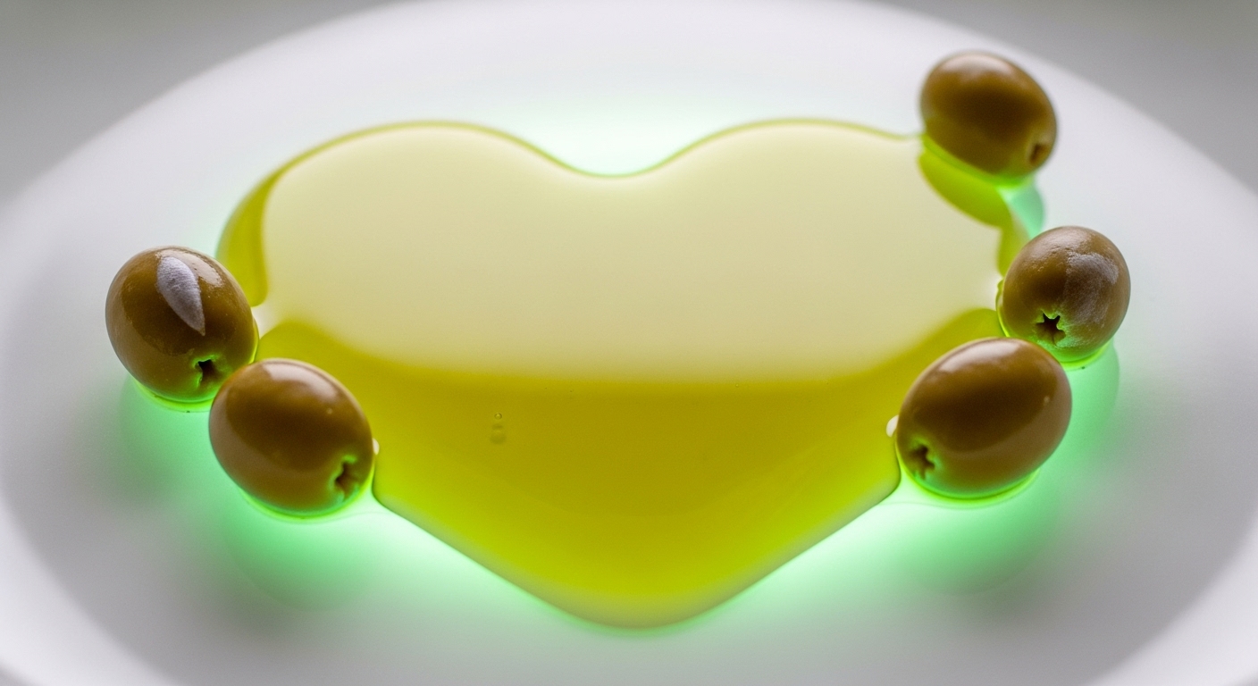 올리브오일로 만든 하트 모양이 접시에 있고, 주변에 신선한 초록 올리브가 놓여 심혈관 건강을 상징하는 이미지.
