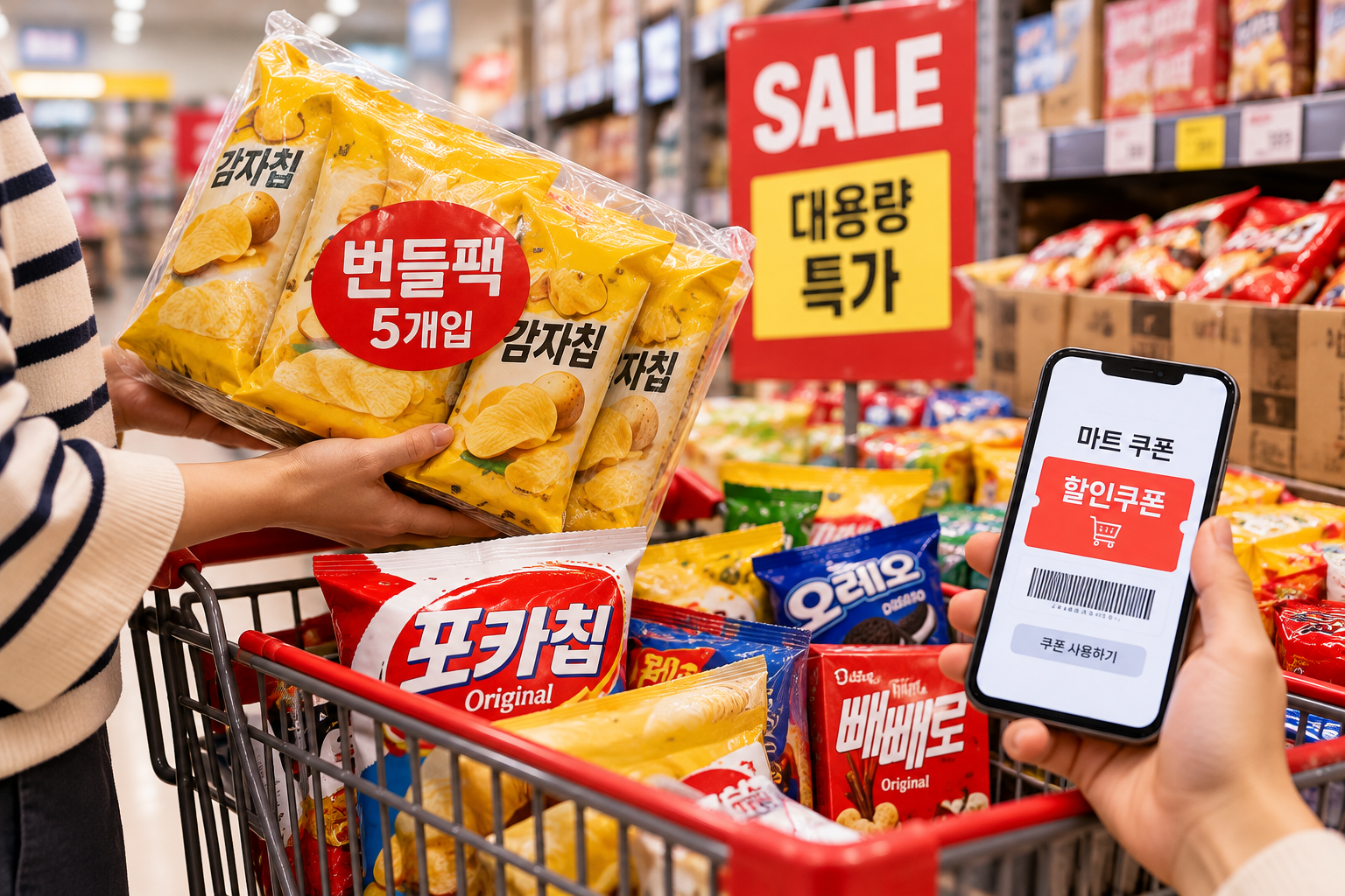 마트에서 번들 과자와 대용량 제품을 비교하고 할인쿠폰을 활용해 간식을 저렴하게 구매하는 모습