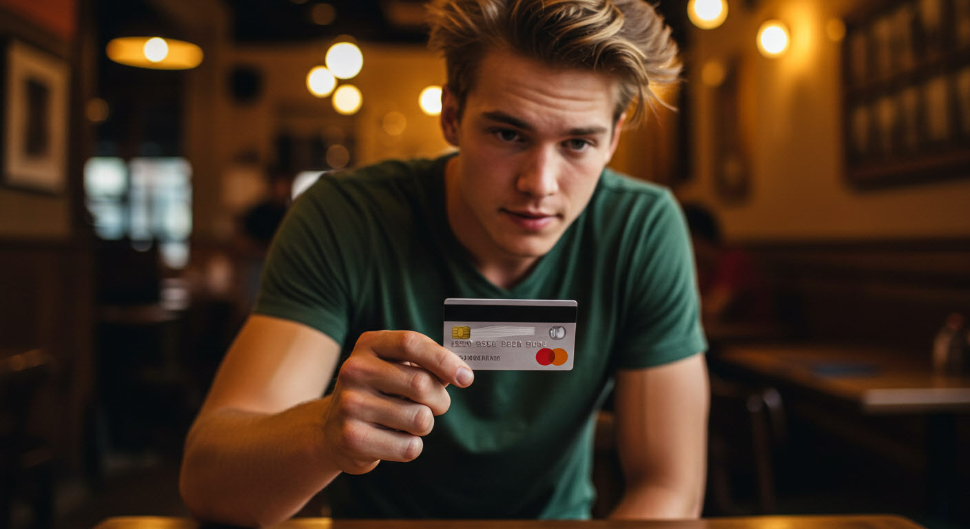 식당에서 젊은이가 신용카드로 들고 있다