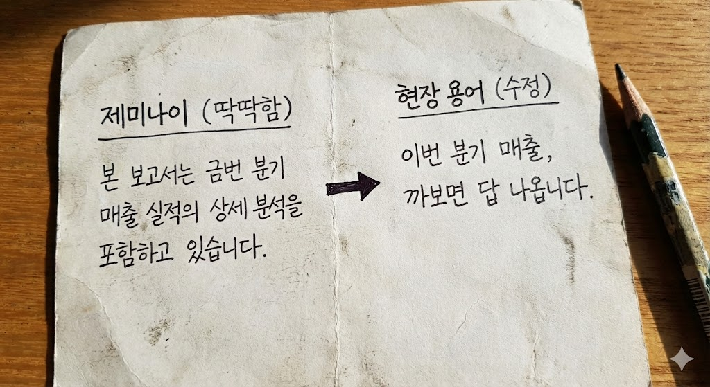 [이면지에 휘갈겨 쓴 메모 사진. 왼쪽엔 제미나이의 딱딱한 문장, 오른쪽엔 화살표 하고 '현장 용어'로 수정한 문장 비교]