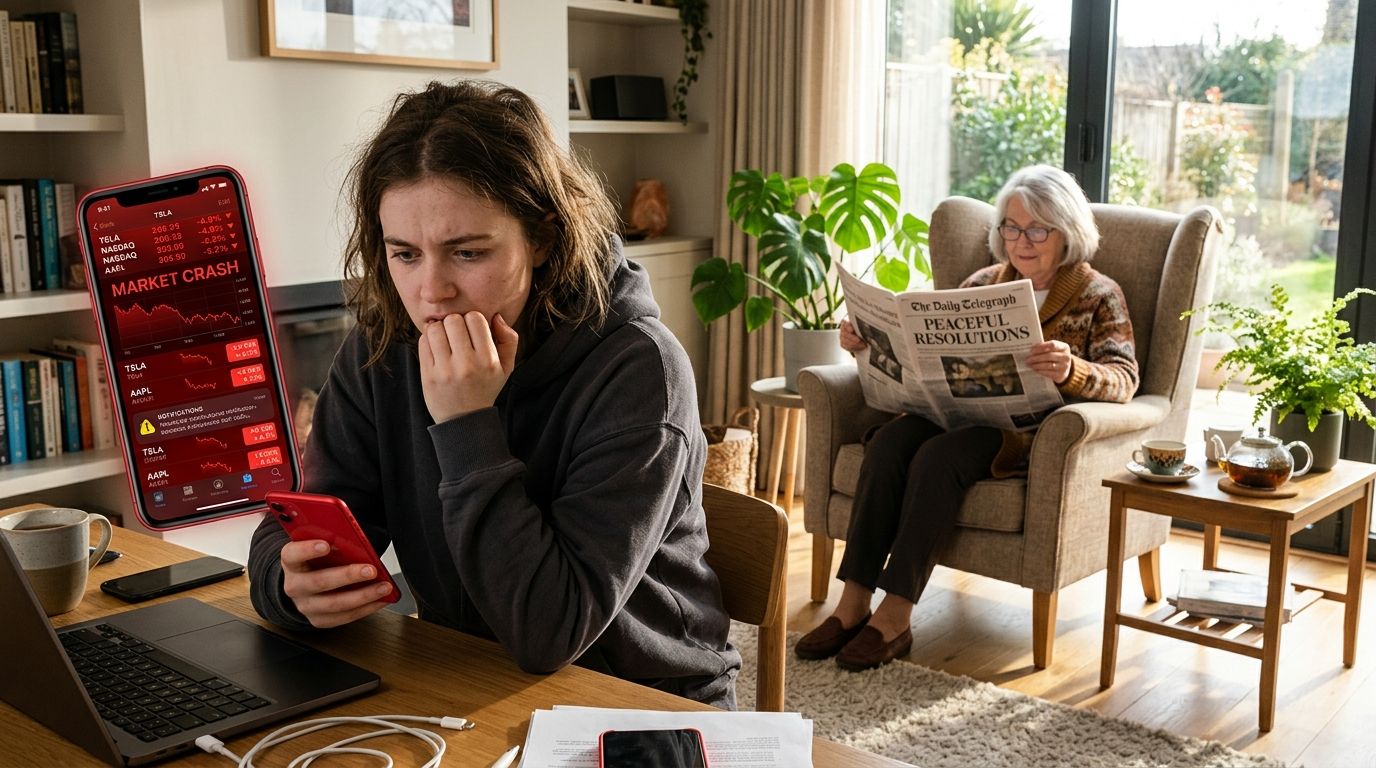 시세 화면을 보며 초조해하는 청년과 느긋하게 신문을 읽는 노신사의 대비 그래픽
