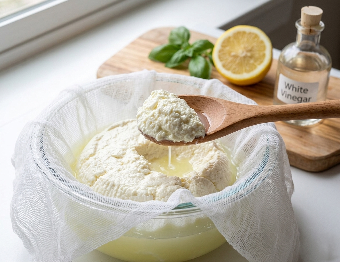 보라카이의 감성 식탁 레몬즙과 화이트 식초의 산성 성분으로 우유 단백질을 응고시켜 만든 수제 리코타 치즈와 유청 분리 과정