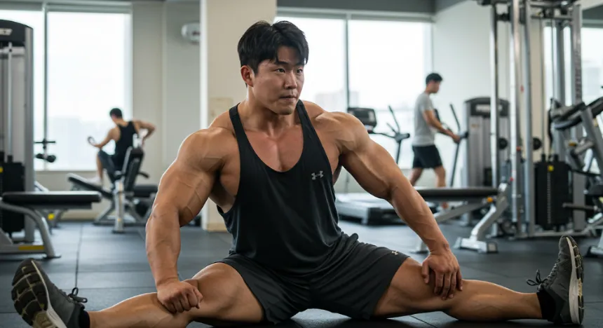 검은 나시를 입은 보디빌더가 헬스장에서 개다리찢기 스트레칭을 하며 집중하는 모습