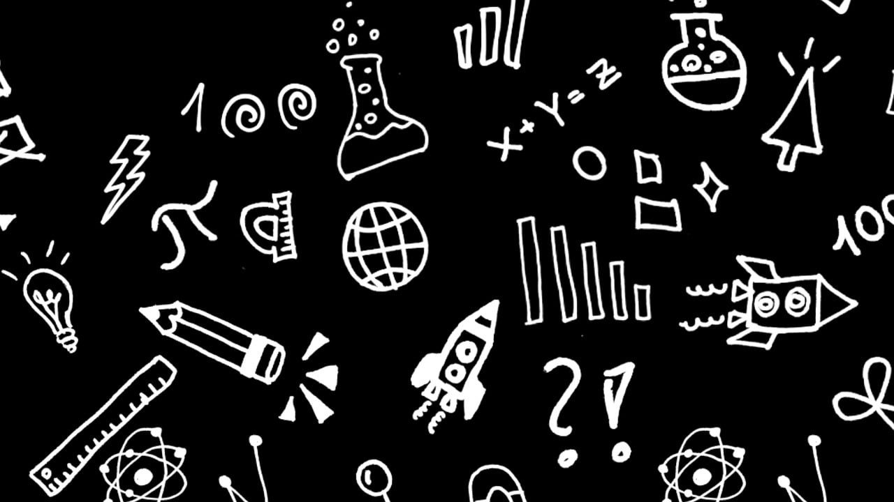 검은 바탕에 연필, 자, 로켓, 숫자 등이 그려져 있는 그림