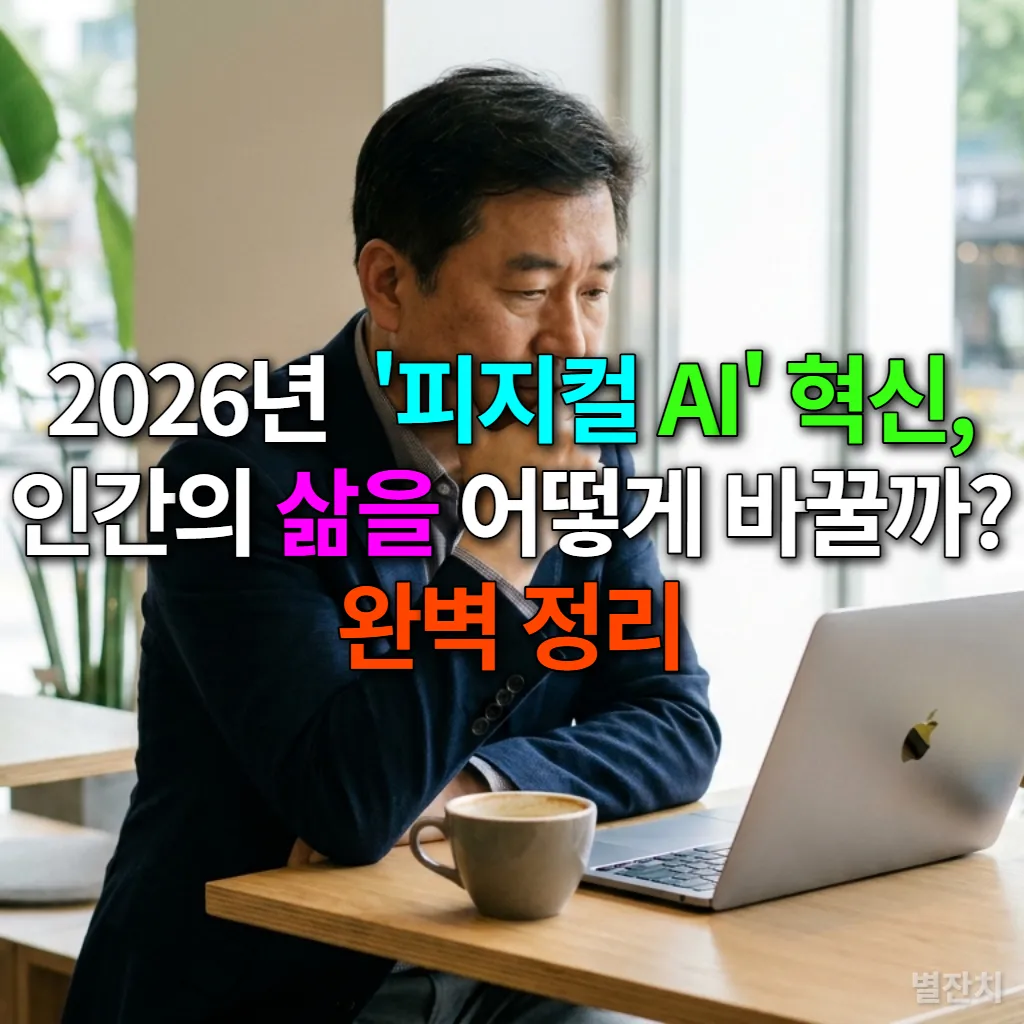 카페에서 노트북을 보며 피지컬 AI에 대해 생각하는 한국인 남성