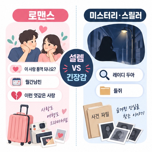로맨스 코미디와 미스터리 스릴러 중 취향에 따라 고르는 모습을 보여주는 이미지