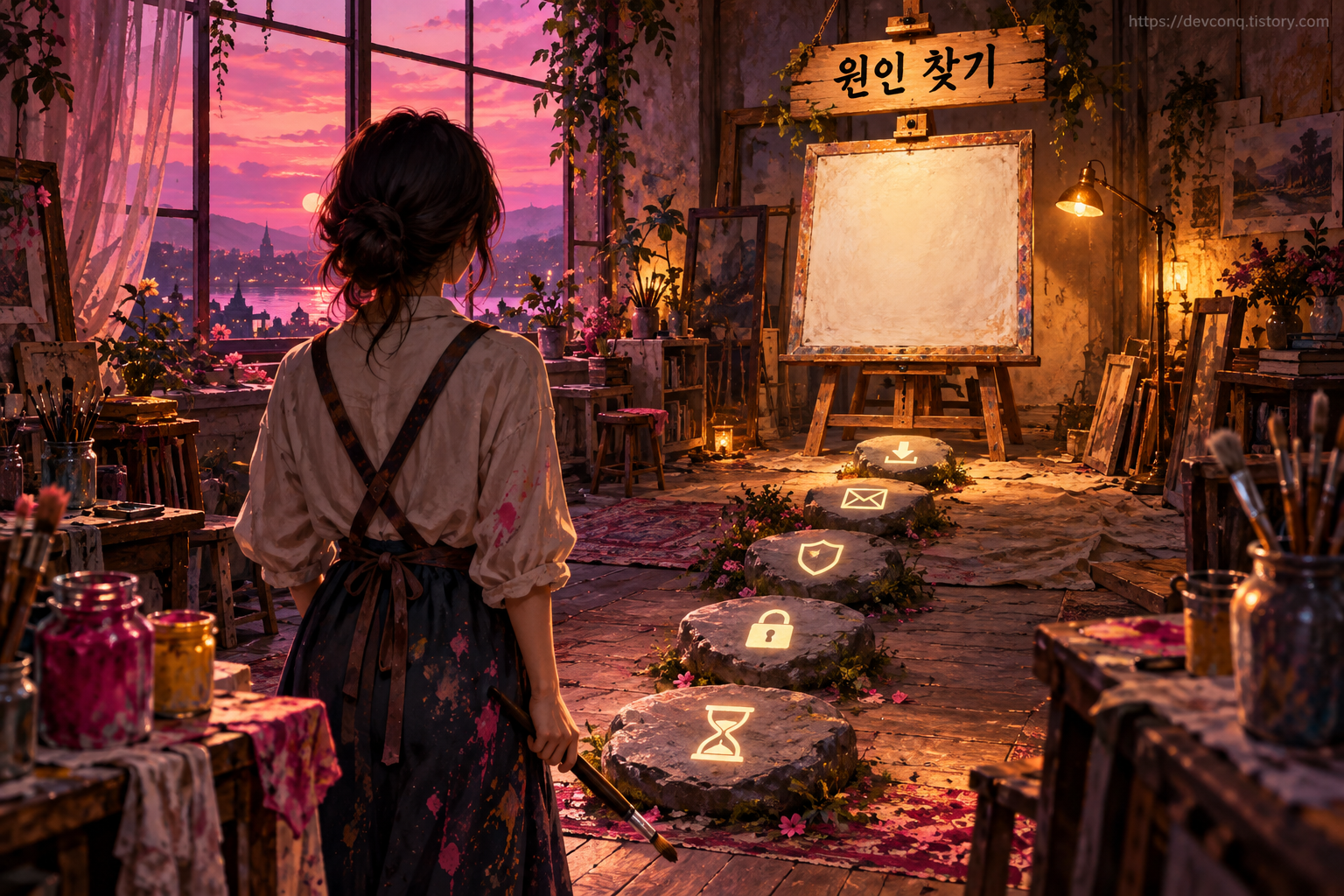 빈 캔버스로 이어진 모래시계, 자물쇠, 방패, 글자 블록, 다운로드 표시 디딤돌 앞에 선 화가와 "원인 찾기" 간판 일러스트
