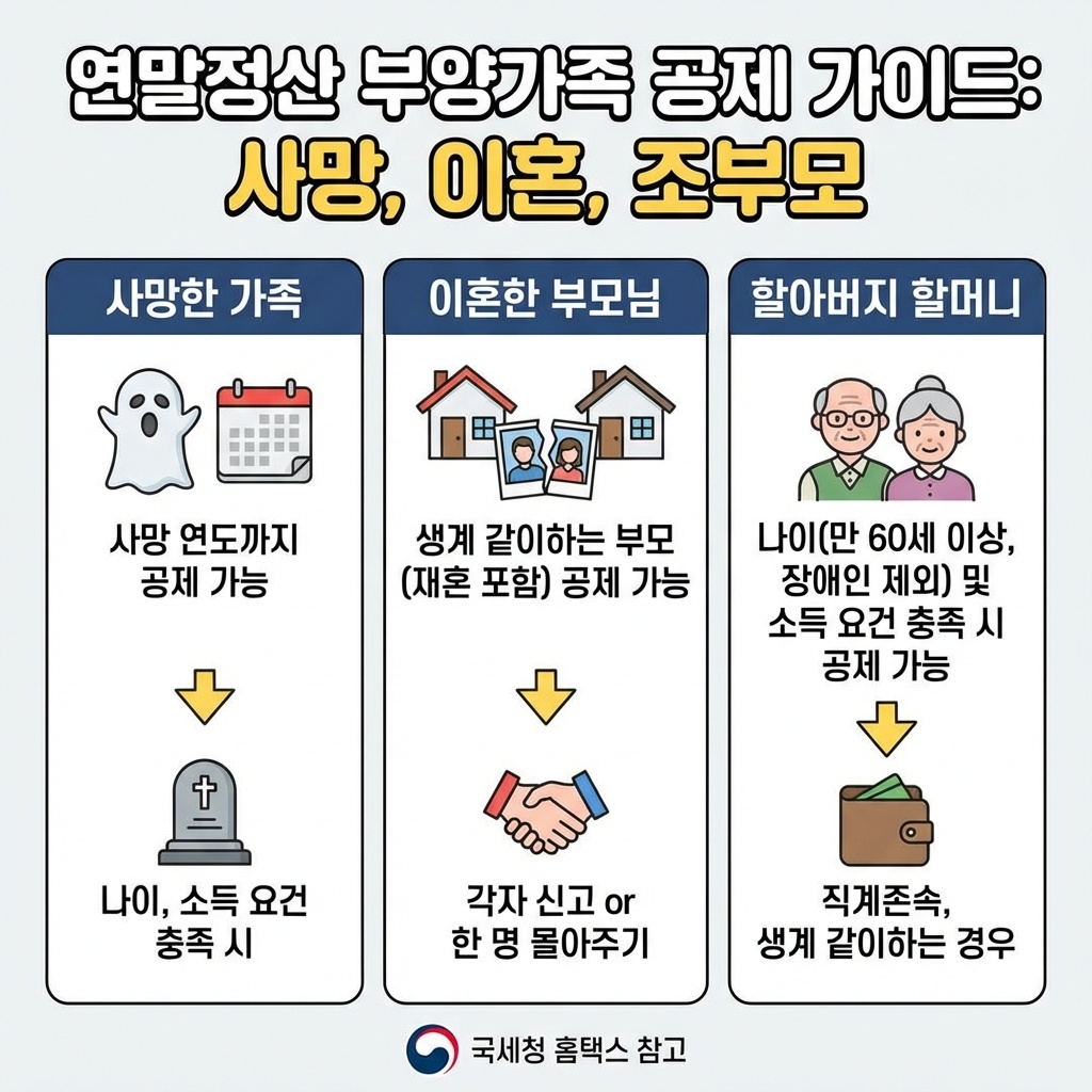 연말정산 부양가족 부모님 조부모 사망 이혼 공제 여부