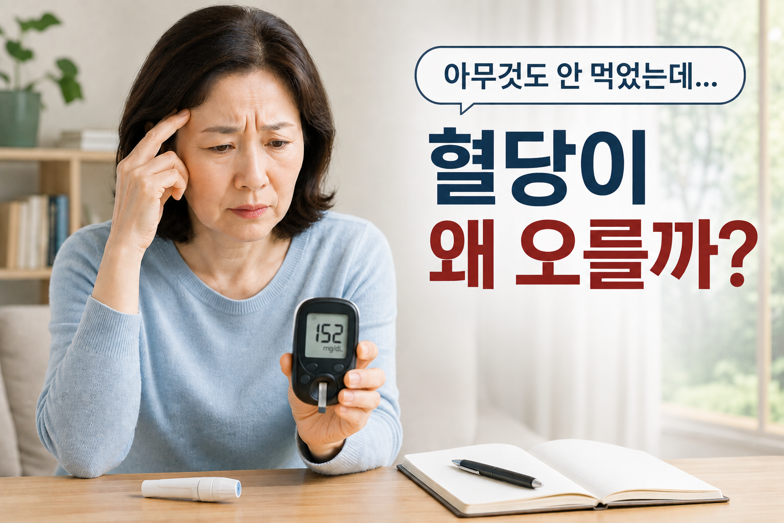 공복의 중년여성이 혈당이 높아진 이유를 고민하고 있다.