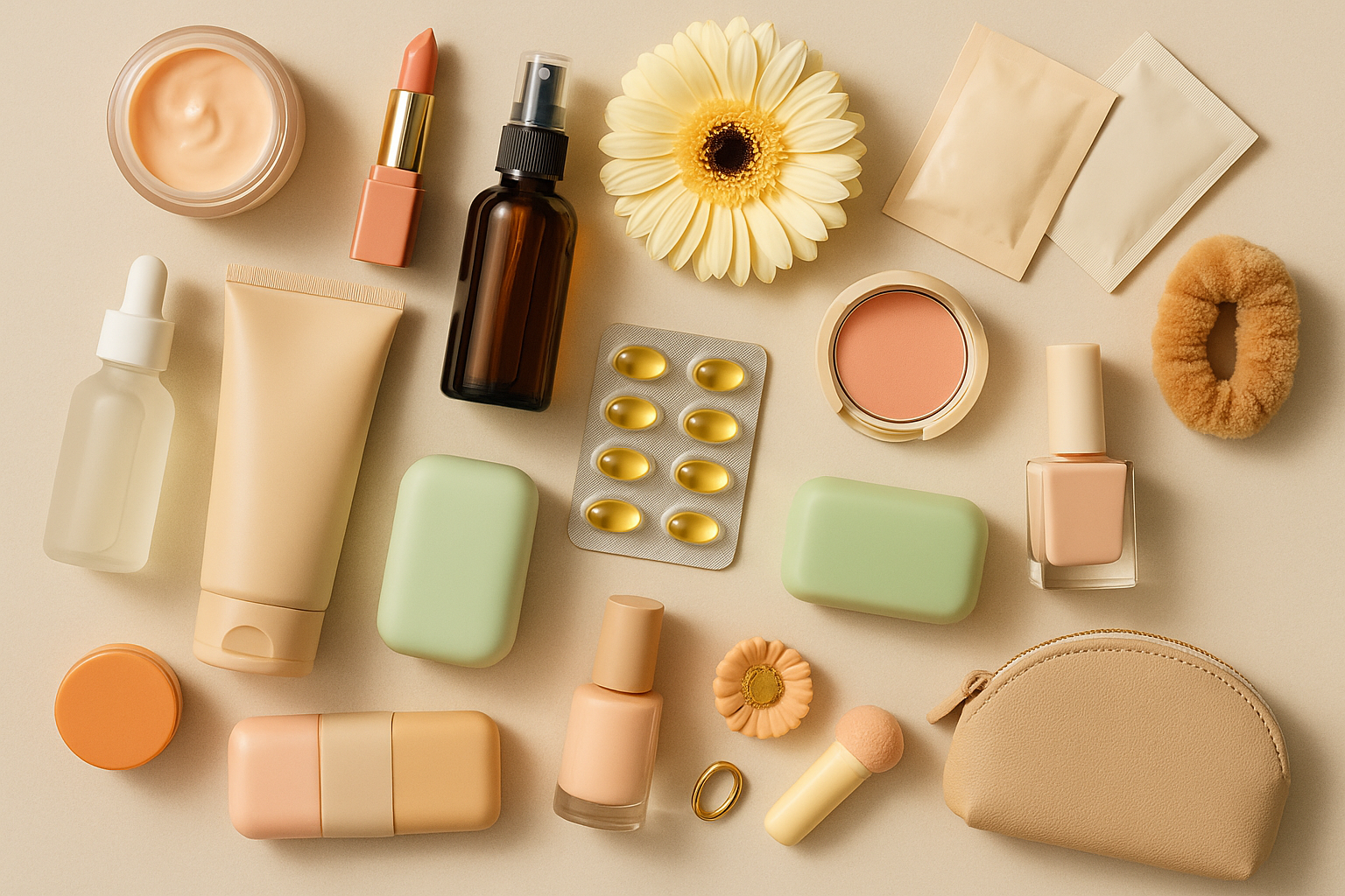 여러 가지 뷰티·헬스 제품이 베이지 톤 배경에 깔끔하게 진열된 모습. 화장품, 건강보조제, 액세서리 등 다양한 카테고리가 포함되어 있어 세일의 기대감이 느껴진다