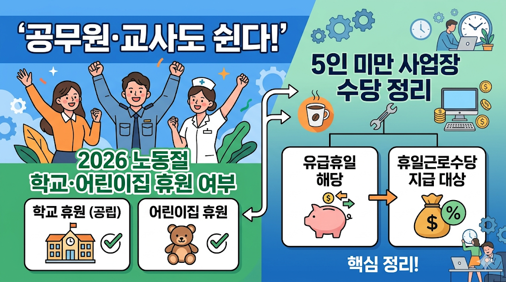 공무원&middot;교사도 쉰다! 2026 노동절 학교&middot;어린이집 휴원 여부와 5인 미만 사업장 수당 정리
