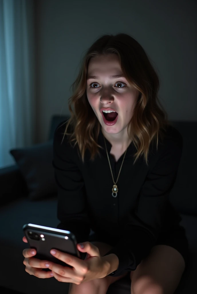 휴대폰을 보고 놀래는 여자