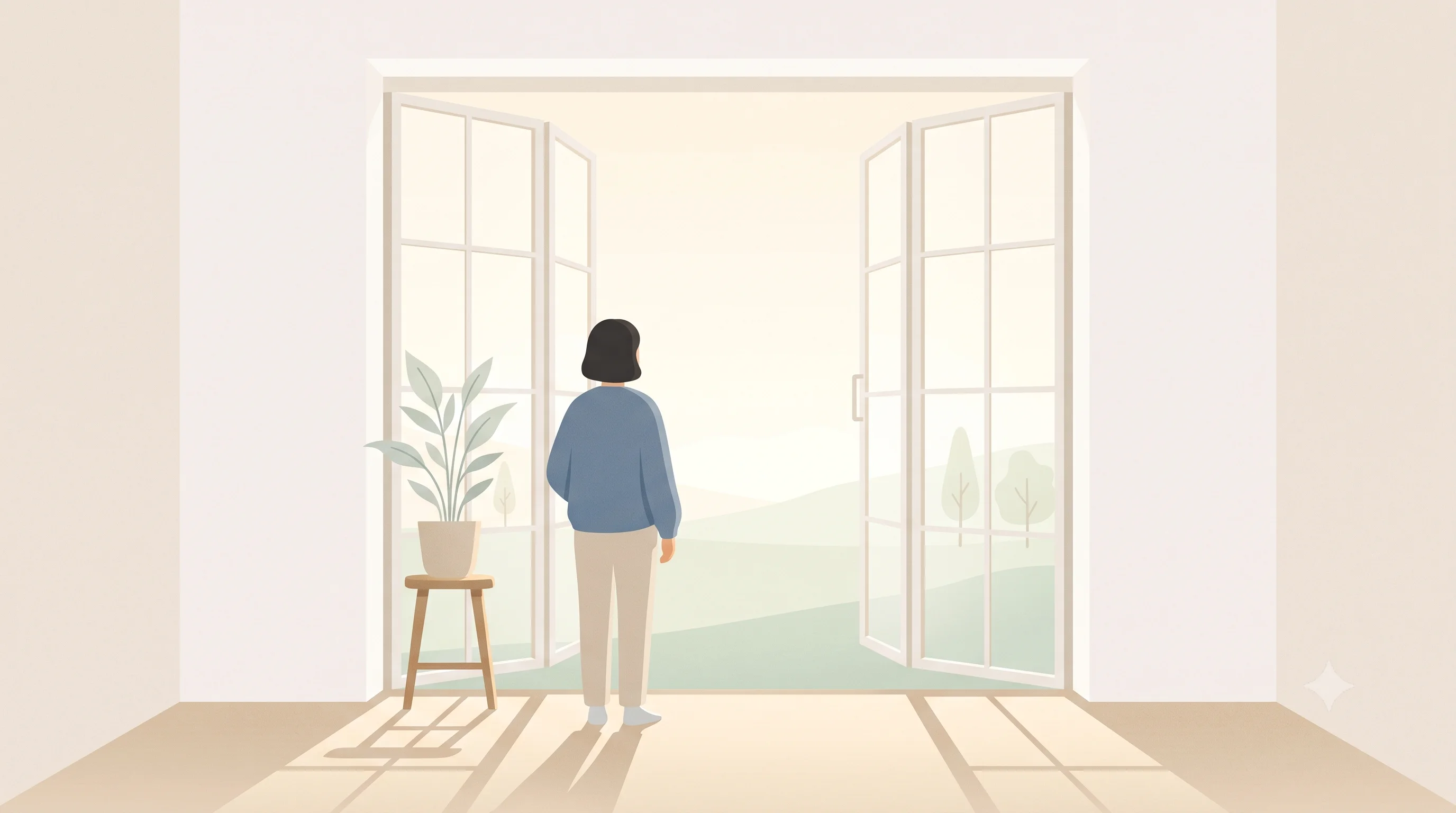창밖을 바라보는 사람을 표현한 일러스트