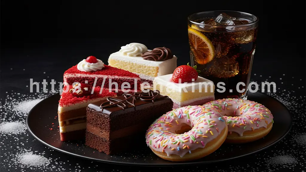 디저트 접시 위에 다양한 종류의 화려한 조각 케이크, 달콤한 도넛, 그리고 탄산음료 한 잔이 먹음직스럽게 놓여 있습니다. 이들 음식 주위로는 하얀 설탕 알갱이들이 보석처럼 반짝이며 흩어져 있는 모습.