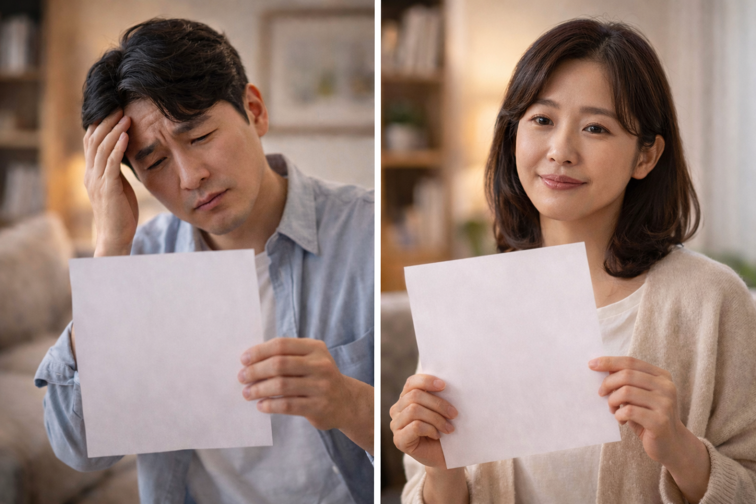 같은 검사지를 들고 있지만 한 사람은 피곤해 보이고 다른 한 사람은 평온한 표정을 짓고 있는 한국인 성인 모습