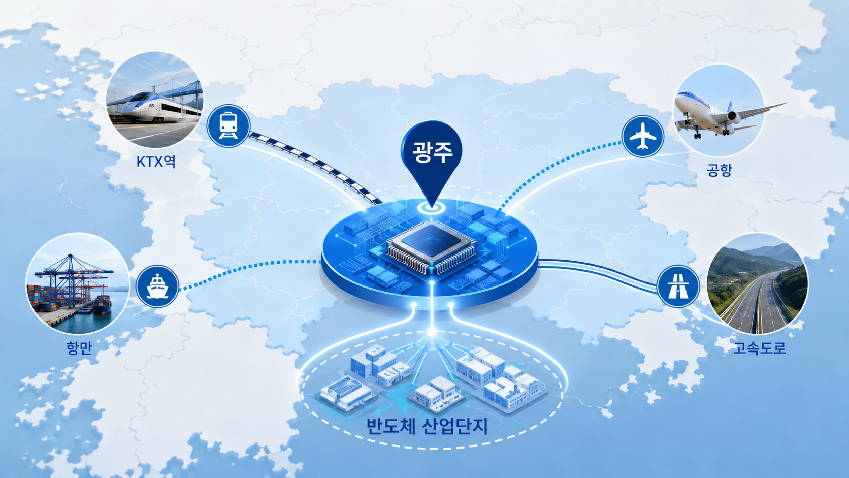 광주 군공항 반도체 산업단지 KTX 도로 공항 항만 물류 연결도