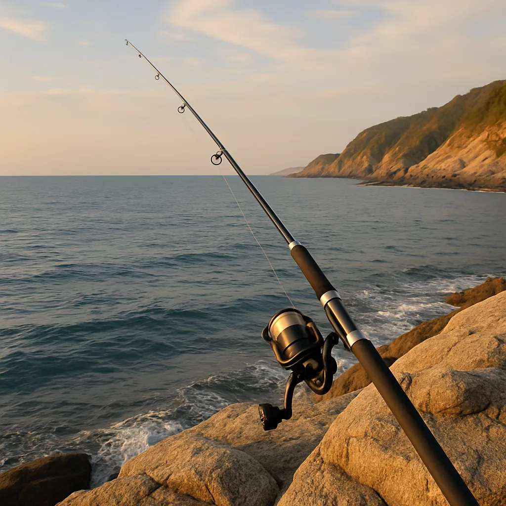 해 뜨는 해안 절벽 위에서 낚시하는 고요한 장면