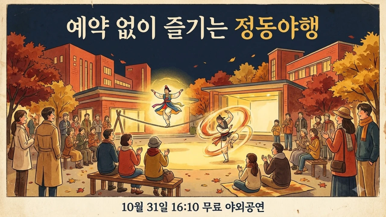 2026 정동야행 무료 야외공연을 주제로 줄타기와 택견 공연 분위기를 표현한 AI 일러스트