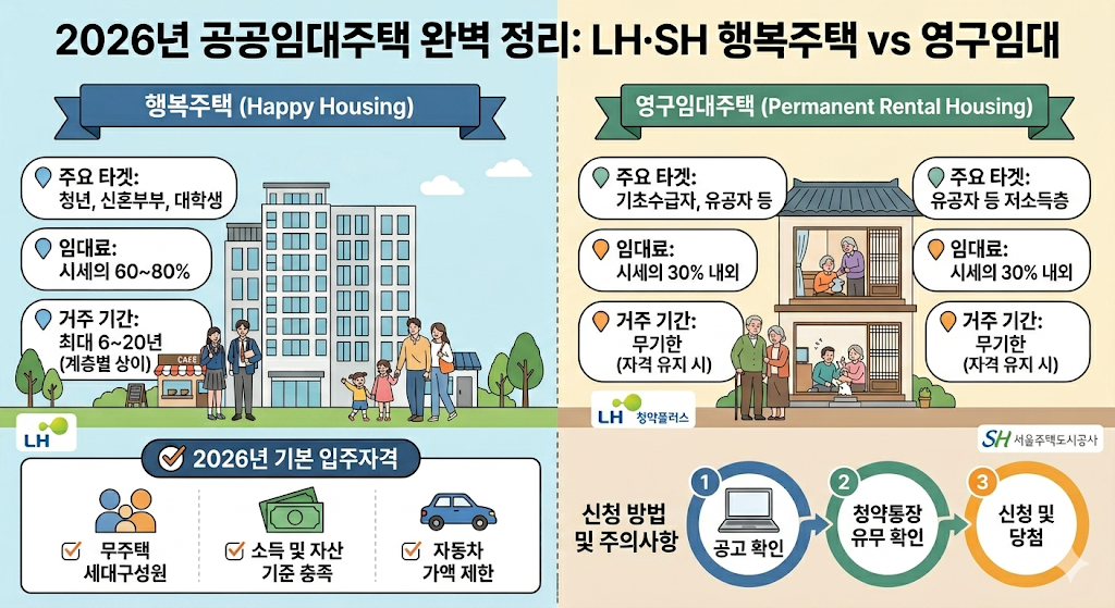 행복주택과 영구임대주택의 입주 대상, 임대료, 거주 기간, 신청 방법을 비교한 공공임대주택 안내 인포그래픽