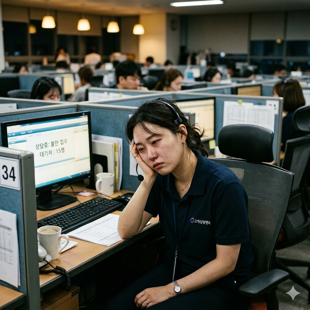 고객상담 콜센터에 근무중인 감정노동자의 지친 모습