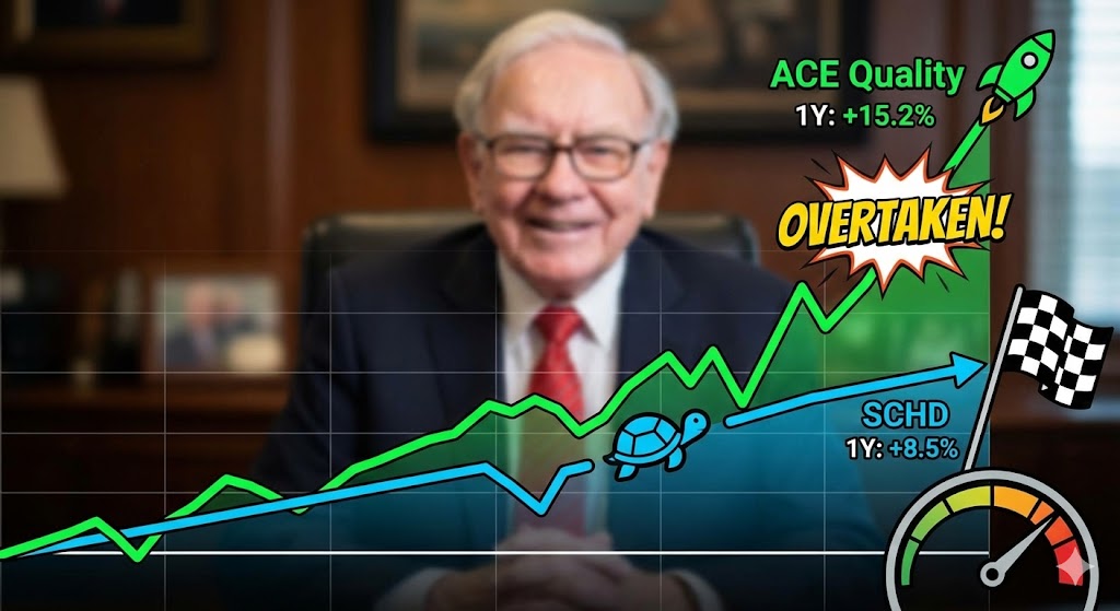 워런 버핏의 사진과 함께 'SCHD'와 'ACE 배당 퀄리티'의 수익률 그래프가 교차하며 ACE가 앞서 나가는 이미지