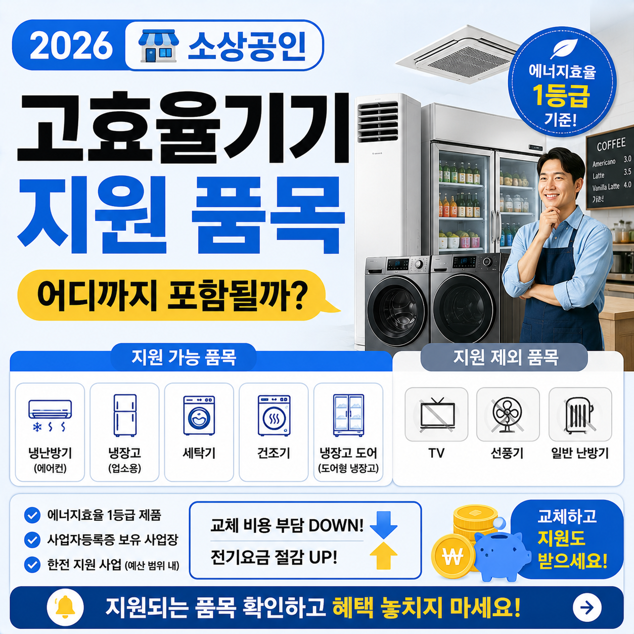 매장 냉장고와 에어컨 옆에서 지원 품목을 확인하는 소상공인 이미지
