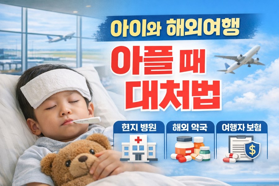 아이와 해외여행 중 아플 때 대처법 썸네일(현지 병원 찾는 법, 해외 약국 이용 및 여행자 보험 청구 팁 포함)