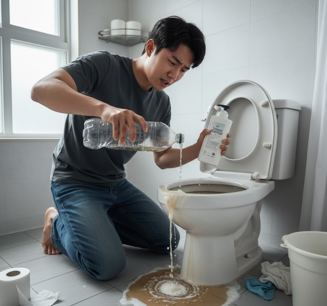 원룸 변기 막힘 비상 대처 매뉴얼: 뚫어뻥 없이 페트병과 샴푸로 해결하는 3단계 물리/화학적 해법