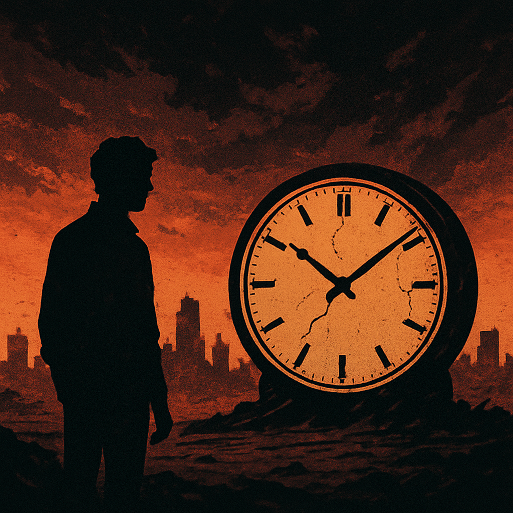 파괴된 도시 배경 앞에서 시계가 깨져 있는 모습과 이를 바라보는 인물의 실루엣. 붉은 색상과 어두운 배경이 강조된 포스트 아포칼립스 스타일의 디지털 일러스트.