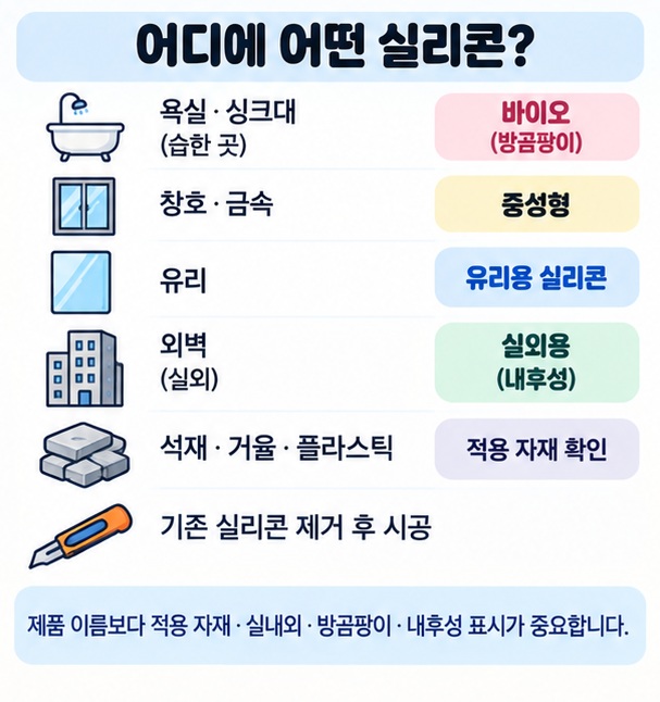 욕실 창호 금속 유리 외벽 석재 거울 등 장소와 자재에 맞는 실리콘 선택 기준을 보여주는 체크리스트 이미지