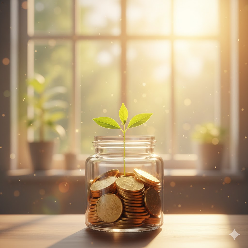 성공적인 투자를 상징하는 따뜻한 햇살 아래
돋아난 새싹과 돈봉투