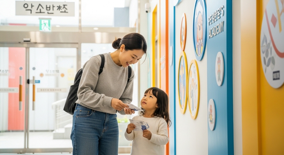 학원 입구에서 자녀와 상담하는 엄마