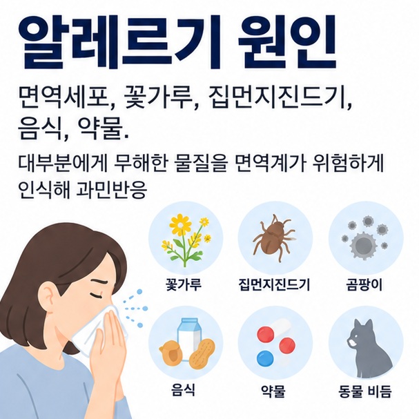 면역세포와 꽃가루 집먼지진드기 음식 약물 아이콘을 배경으로 알레르기 원인이라는 글자가 중앙에 놓인 건강정보 인포그래픽