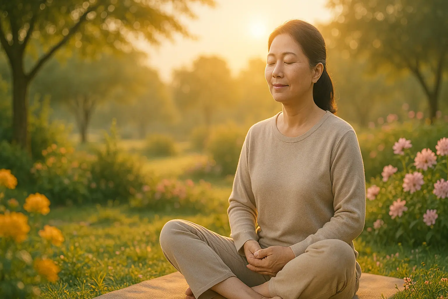 아보하 실천법, 50대 마음챙김 일상 루틴으로 명상하는 장면