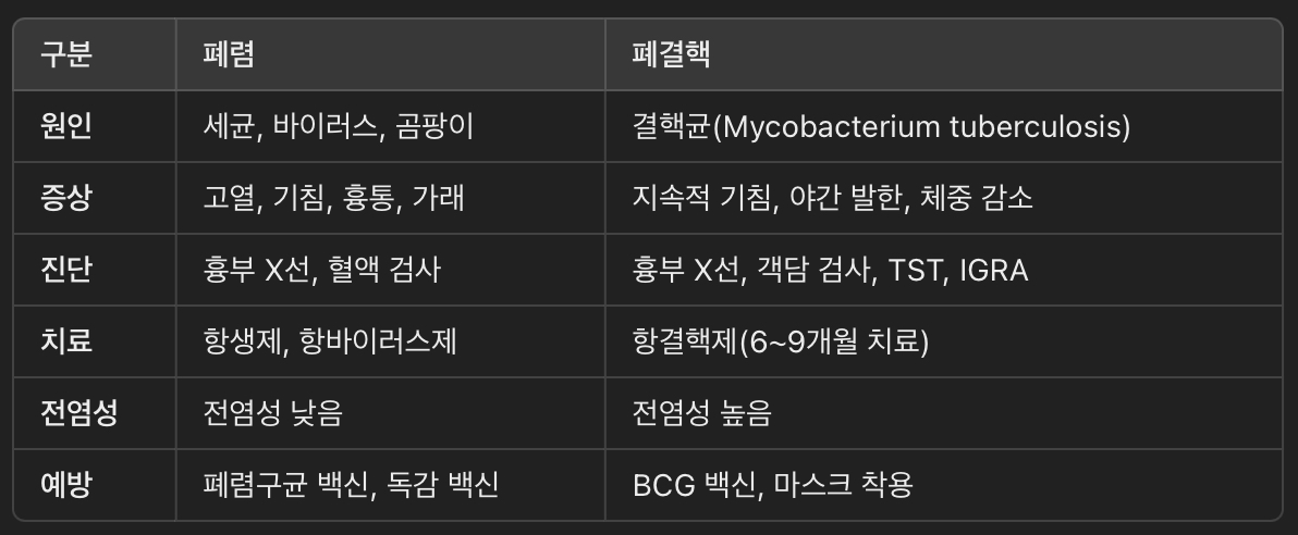 폐렴과 폐결핵의 비교