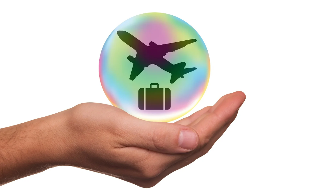 여행자보험(비행지,짐)을 나타내는 공을 들고있는 남성손 사진