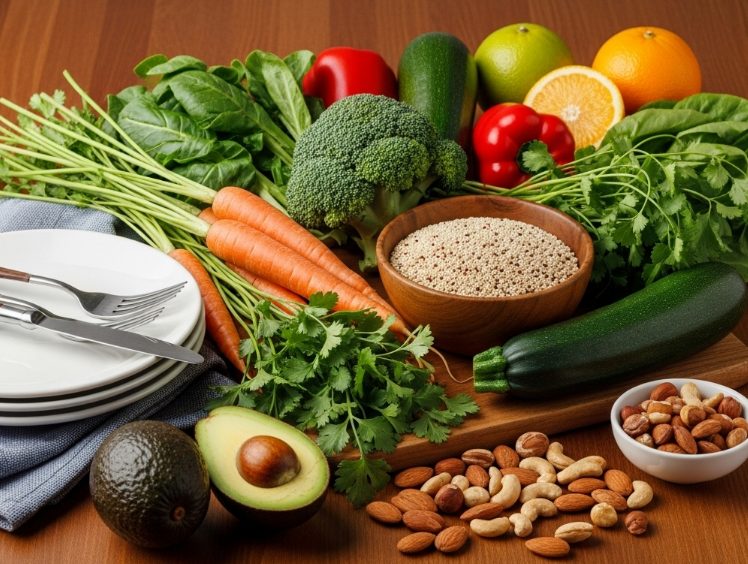 다양한 건강 식재료들이 어우러진 식탁 이미지입니다