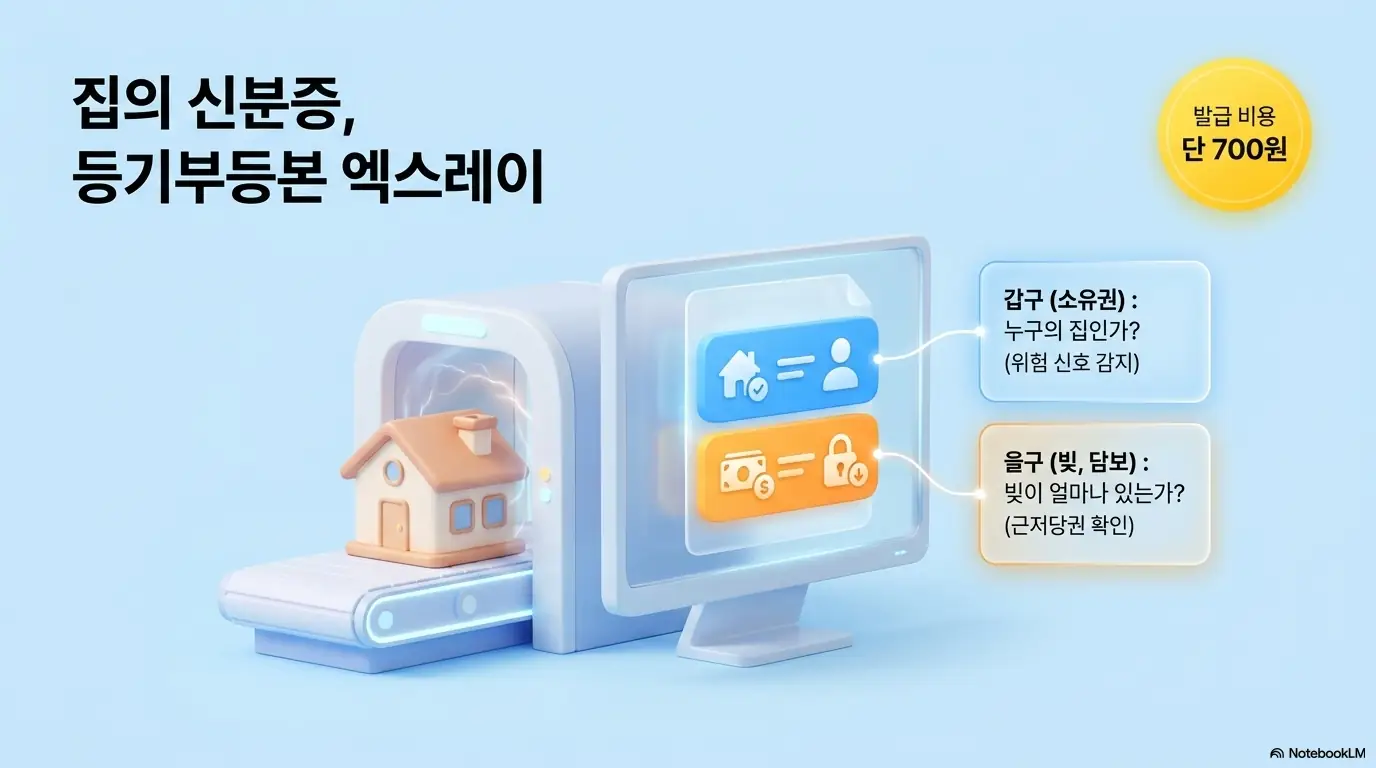 전세 계약시 유의사항: 집의 신분증인 등기부등본을 엑스레이처럼 분석하는 이미지로 갑구에서 소유권과 위험 신호를 확인하고 을구에서 빚과 담보인 근저당권을 확인하는 구조를 보여주며 발급 비용은 단 700원이라는 안내가 포함된 이미지