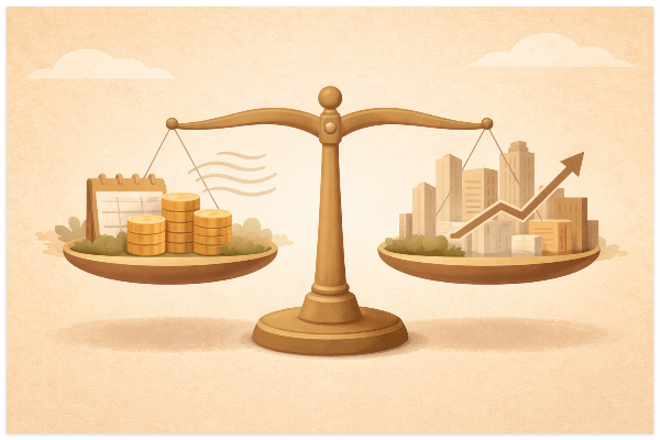 SCHD와 VOO의 핵심 차이를 균형 저울로 표현한 비교 이미지