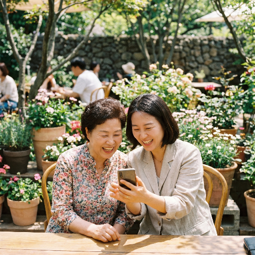 따뜻한 햇살이 비치는 야외 카페에서 할머니와 딸이 스마트폰을 함께 보며 고유가 지원금 신청 성공을 확인하고 기뻐하는 평화로운 모습. 세대 간의 소통과 복지 혜택의 따스함을 담은 고해상도 사진