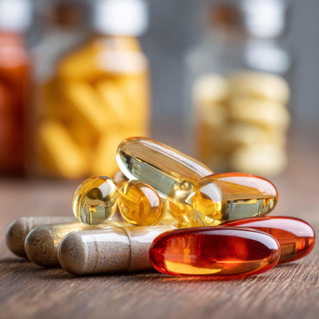 다양한 영양제가 놓여있는 테이블, 실사형 이미지