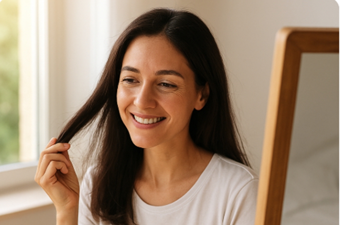 따뜻한 아침 햇살이 드는 창가에서 거울을 보며 머리카락을 손끝으로 만지는 여성의 모습. 윤기 있고 건강한 긴 머리와 자연스러운 미소가 모발의 활력과 단백질의 중요성을 상징적으로 표현한 이미지.