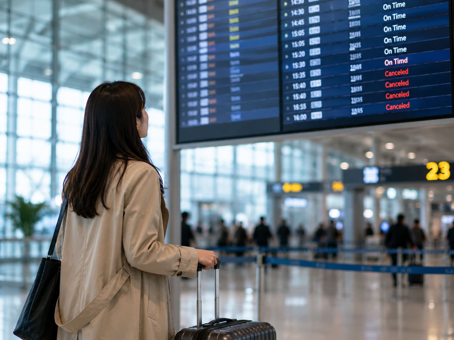 공항 출발 안내판을 확인하는 여행자