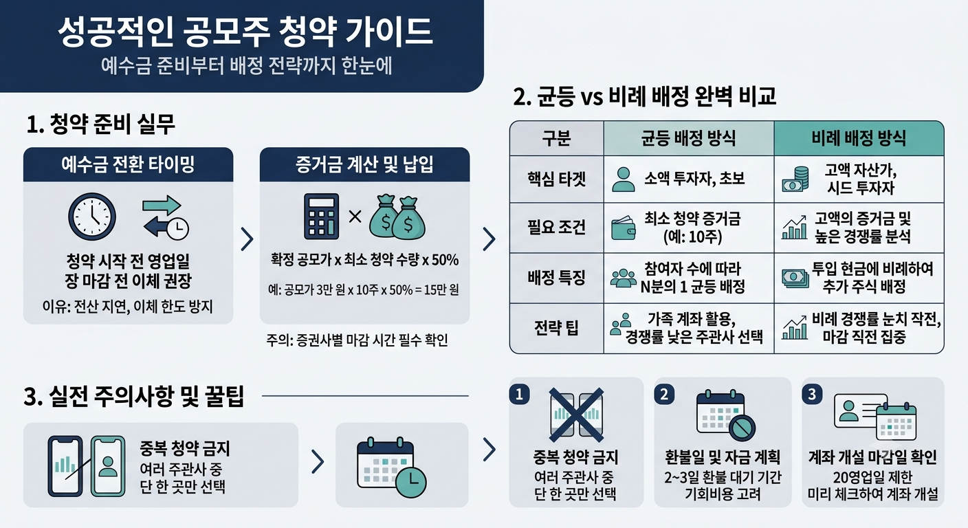 공모주 청약 가이드 인포그래픽: 예수금 전환 타이밍, 증거금 50퍼센트 계산법, 균등배정과 비례배정 방식 비교 및 실전 투자 팁