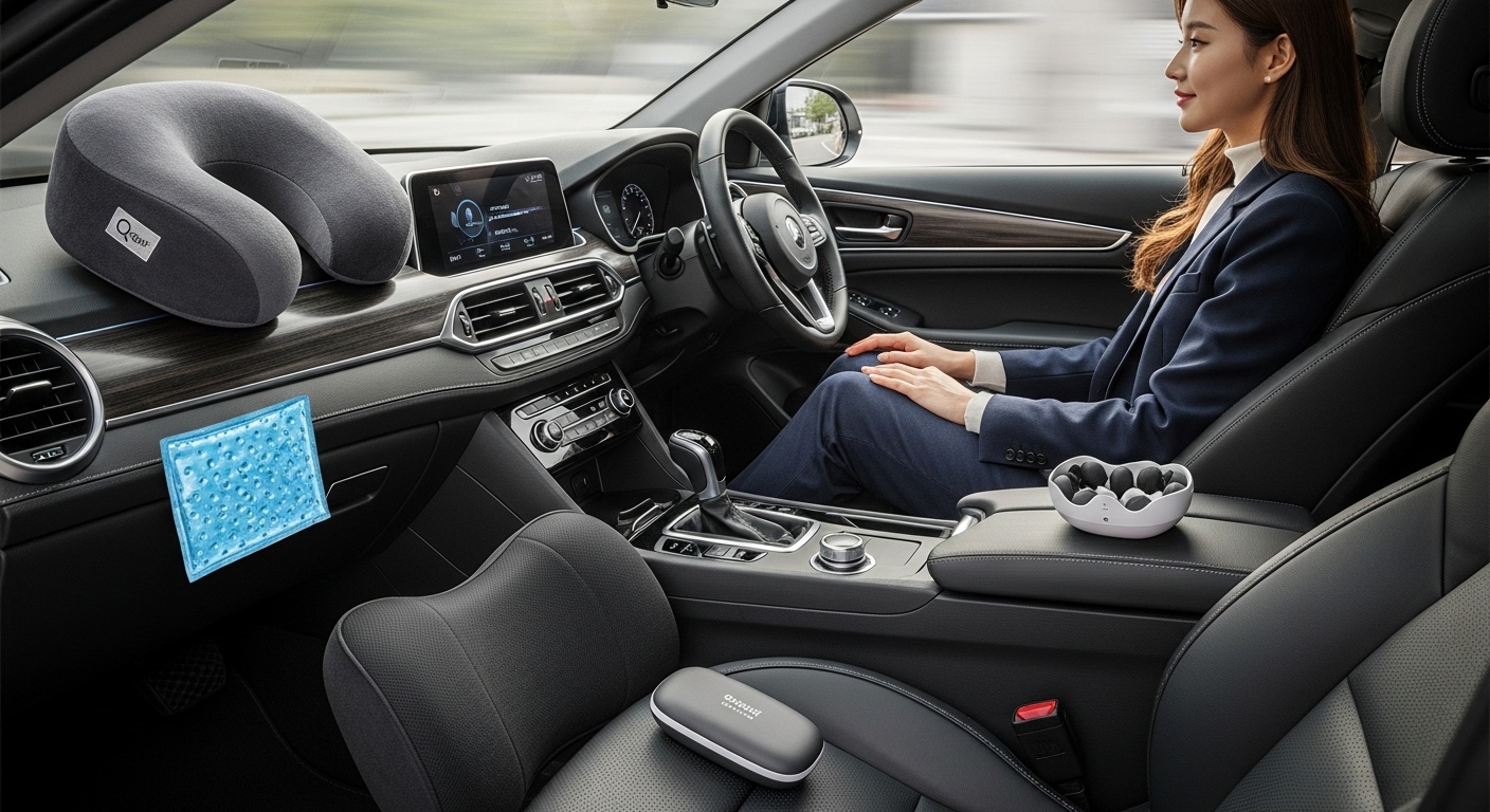 장거리 운전을 위한 차량 내부 용품들: 인체공학적 목베개, 허리 쿠션, 휴대용 안마기, 졸음껌 등이 비치된 모습.