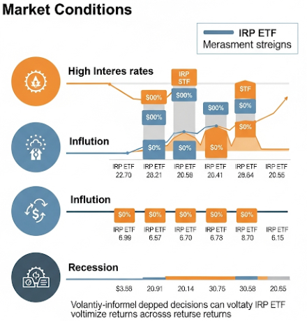 다양한 시장 국면 (고금리, 인플레이션, 경기 침체)을 나타내는 아이콘과 그에 따른 IRP ETF 선택을 보여주는 차트. 시장 변동성을 활용한 IRP ETF 운용.