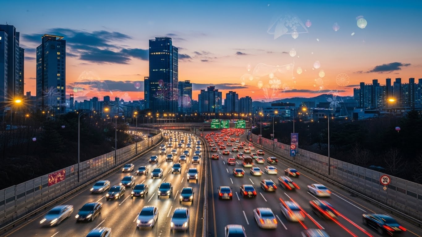 2026년 설날 연휴 고속도로 통행료 면제 기간과 원활한 교통 흐름을 보여주는 이미지