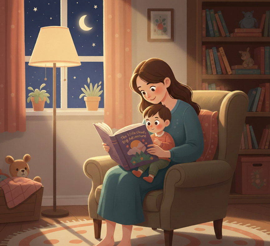 자기 전에 엄마가 아이에게 그림책 읽어주는 모습