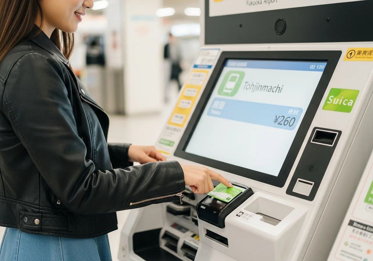 젊은 한국인 여성이 후쿠오카 공항 지하철역 자동 발매기에서, 'Tojinmachi - 260 JPY'라고 표시된 화면을 보며 IC카드를 태그하고 있다